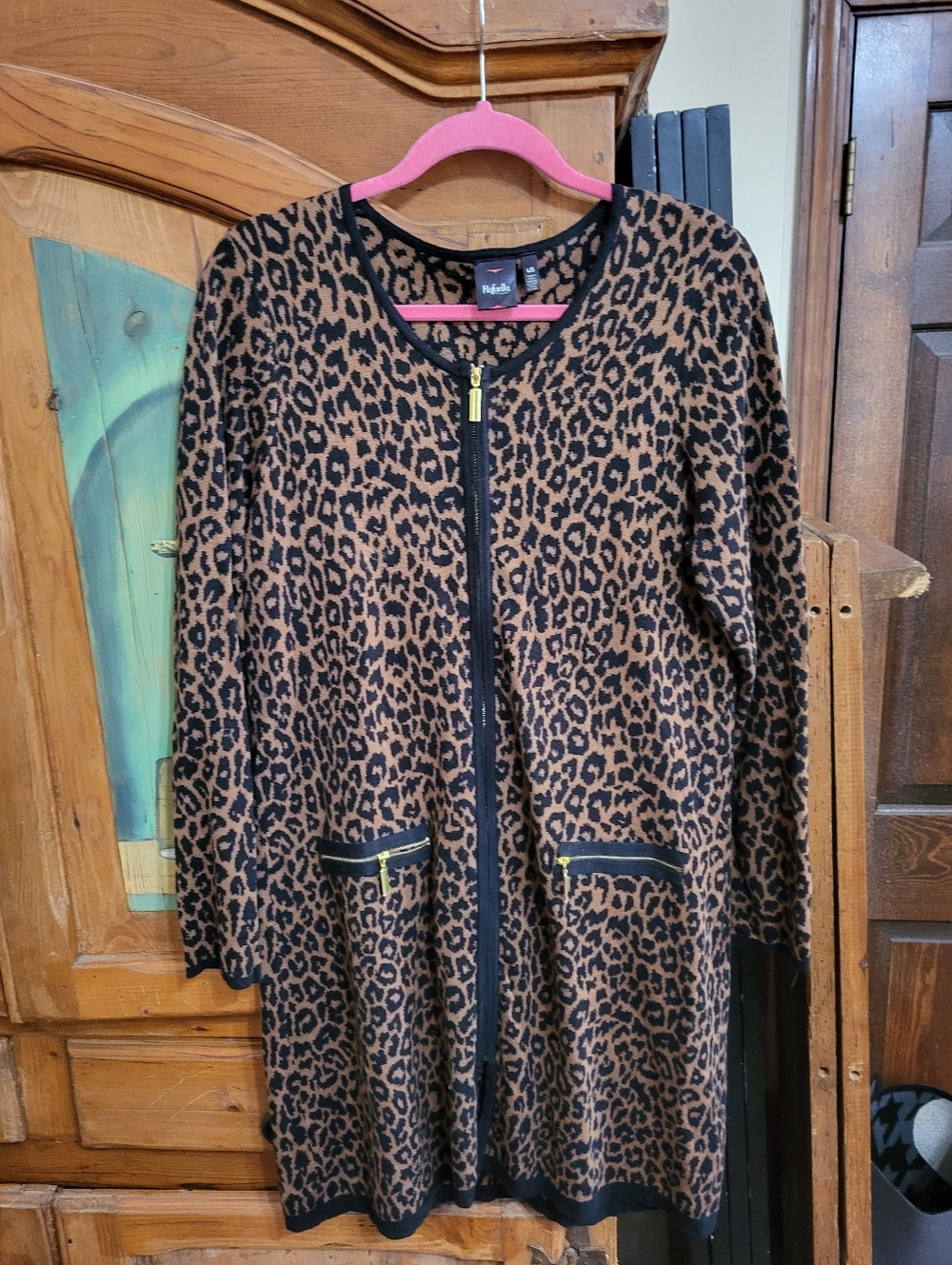 Rafaelka Leopard Print Zip-Front Cardigan with Pocket Detail